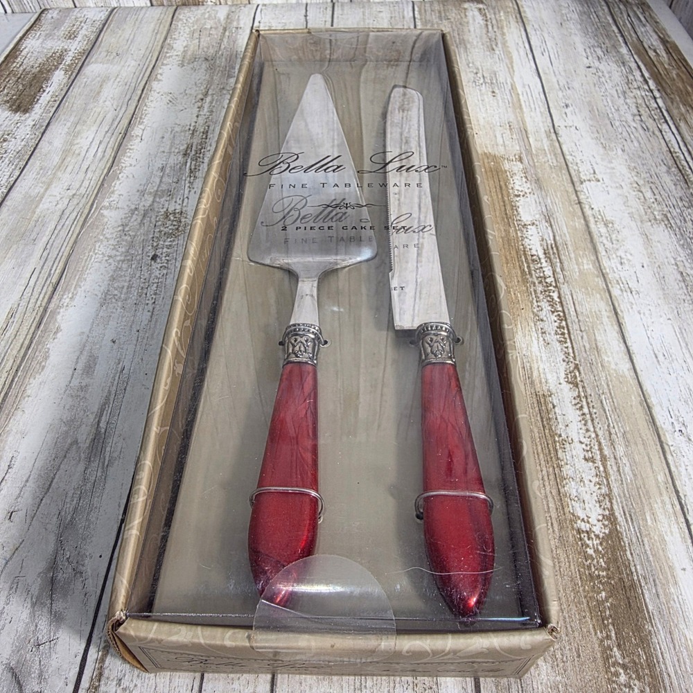 Bella Lux 2 Piece Cake Serving Set Cameo Red Marbled Handles Stainless Steel NEW